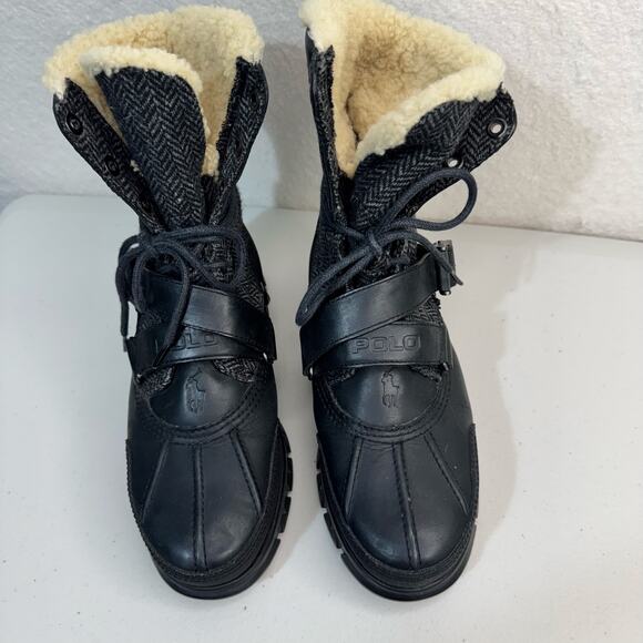 Polo Ralph Lauren Tavin Rollover Shearling Boots Black Leather Buckle Lace-Up 7D main image 9